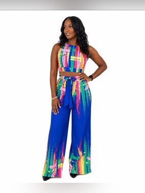 Multicolor Paint Strokes Print Crop Top & Wide-Leg 2 Piece Set